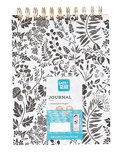 Pen+Gear Top Spiral Notebook Black White Floral, 6" x 8" x .6", 192 Pages