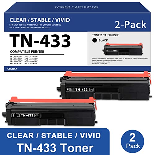 GULOYA TN433 TN-433 Toner Cartridge Black High Yield 2 Pack Compatible Replacement for Brother TN4332PK HL-L8260CDW L8360CDW DCP-L8410CDW MFC-L8610CDW L9570CDW Printer Toner