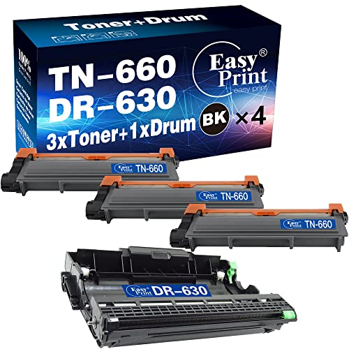 EASYPRINT (4-Pack Combo) Compatible 3-Pack TN-660 TN660 Toner Cartridge + 1-Pack DR-630 DR630 Drum Unit Used for Brother HL-L2340DW L2380DW L2340DWR DCP-L2500D L2540DNR MFC-L2720DW L2700DW Printer