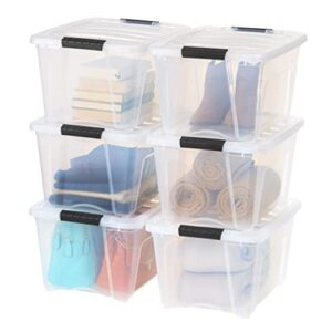 iris usa 32 qt. plastic storage container bin with secure lid and latching buckles, 6 pack – clear, durable stackable nestable organizing tote tub box toy general organization medium