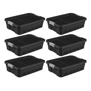 sterilite 10 gallon under bed stackable rugged industrial storage tote containers with gray latching clip lids for garage, attic, or worksite (6 pack)