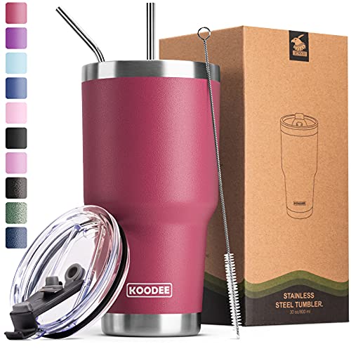 koodee 30 oz Tumbler with Lid-Stainless Steel Double Wall Vacuum Insulated Coffee Tumbler Cup with 2 Straws, 1 Lids and Brush (Wine Red)