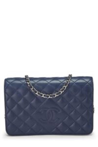 chanel, pre-loved navy quilted lambskin cc diamond wallet on chain (woc), navy