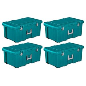 sterilite 16 gallon lockable storage tote footlocker toolbox container box with wheels, metal handles, and latches, teal with gray clips (2 pack)
