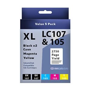 inkjetsclub brother lc107 / 105 high yield ink cartridge ink cartridge replacement 5 pack value pack. includes 2 black, 1 cyan, 1 magenta and 1 yellow compatible ink cartridges