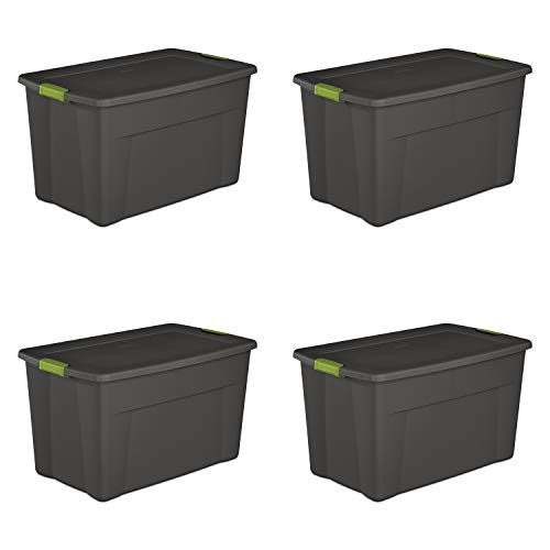 Sterilite 19453V04 35 Gallon/ 132 Liter Latch Tote, Flat Gray Lid & Base w/ Soft Fern Latches, 4-Pack