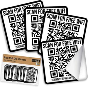 ad-free, realistic 2x2in fake wifi rick roll qr code stickers 25 pack. best bulk practical joke novelty set for april fools. trick friends and family with hilarious vinyl decal meme prank