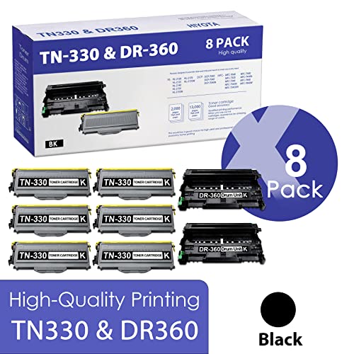 HIYOTA Compatible 6 Pack Black TN 330 Toner + 2 Pack Black DR 360 Drum Replacement for Brother TN330 DR360 DCP-7040 HL-2125 2140 2150 2150N MFC-7320 7340 7345DN 7345N 7440 7440N Printer