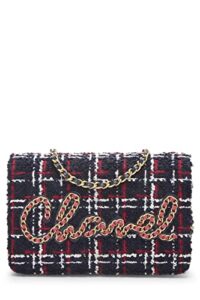 chanel, pre-loved navy & pink plaid tweed wallet on chain (woc), multi