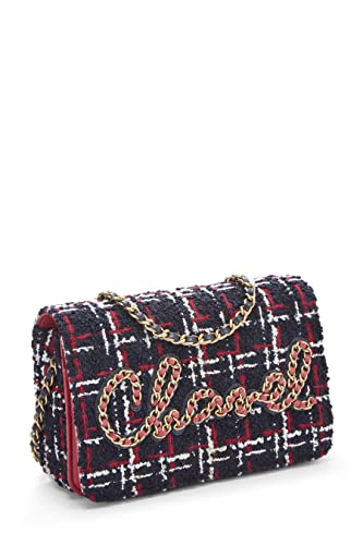 CHANEL, Pre-Loved Navy & Pink Plaid Tweed Wallet on Chain (WOC), Multi