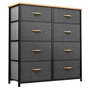 yitahome dresser for bedroom, tall dresser with 8 drawers, storage tower with fabric bins, chest of drawers for closet & living room – sturdy steel frame, wooden top (dark grey)