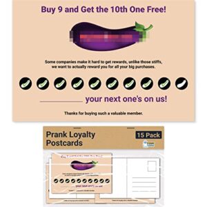 witty yetis hilarious 15 pack of eggplant rewards club postcards. prank your friends and family with funny practical joke mailing card. fun novelty gag gift set for ultimate pranking and embarrassment