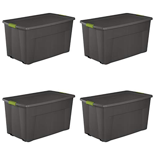 Sterilite 19483V04 45 Gallon/170 Liter Wheeled Latch Tote, Flat Gray with Soft Fern Latches and Black Wheels, 4-Pack