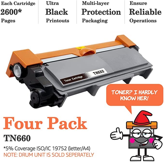 TONERNEEDS TN 660 Toner Cartridge - Black Ink Replacement Cartridges for TN660 & TN630 - High Yield Use - Compatible with Brother Printer HL-L2300D, HL-L2340DW, MFC-L2680W, MFC-L2740DW - (Pack of 4)