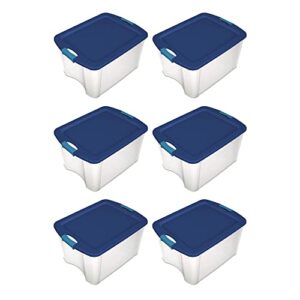 sterilite 18 gallon latch and carry storage tote box container, true blue lid and clear base with blue aquarium latches (6 pack)