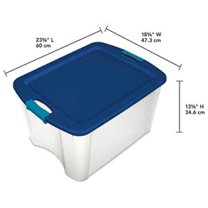 Sterilite 18 Gallon Latch and Carry Storage Tote Box Container, True Blue Lid and Clear Base with Blue Aquarium Latches (6 Pack)