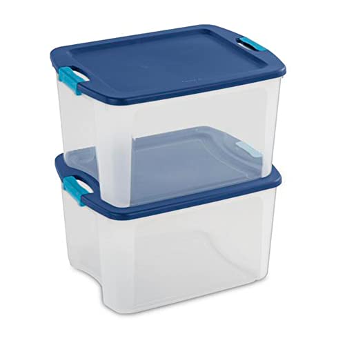 Sterilite 18 Gallon Latch and Carry Storage Tote Box Container, True Blue Lid and Clear Base with Blue Aquarium Latches (6 Pack)