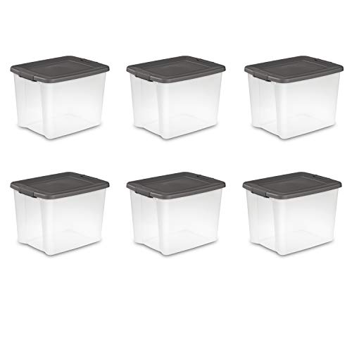 Sterilite 19373V06 50 Quart / 47 Liter Shelf Tote, Clear Base with Flat Gray Lid and Latches, 6-Pack