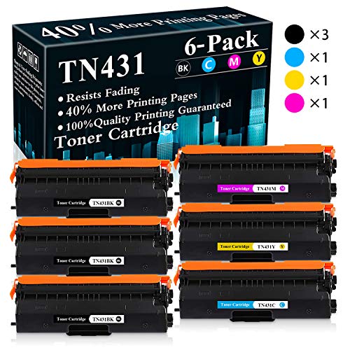 6-Pack (3BK+C+M+Y) Cartridge TN431BK,TN431C,TN431M,TN431Y Toner Cartridge Replacement for Brother HL-L8260CDW L8360CDW L9310CDW L9310CDWTT DCP-L8410CDW MFC-L8610CDW L8900CDW L8690CDW L9570CDW Printer