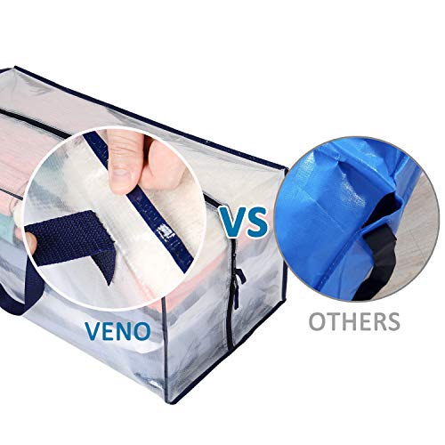 VENO Heavy Duty Extra Large Clear Moving Bags W/ Backpack Straps Strong Handles & Zippers, Storage Totes For Space Saving, Fold Flat, Alternative to Moving Box, Recycled Material (Clear - Set of 8)