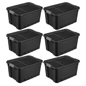 sterilite storage system solution with 19 gallon heavy duty stackable storage box container totes with grey latching lid for home organization, 6 pack