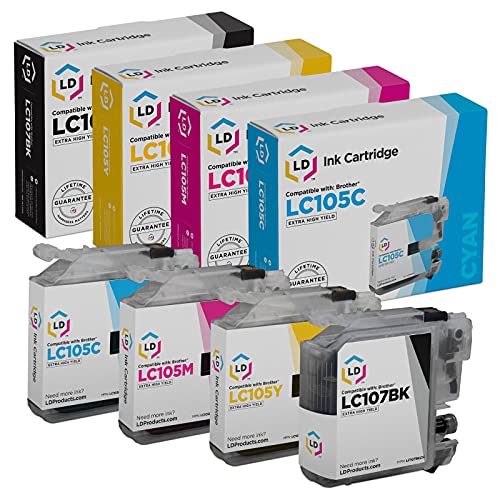 LD Compatible Ink Cartridge Replacements for Brother LC107 & LC105 Super High Yield (Black, Cyan, Magenta, Yellow, 4-Pack)