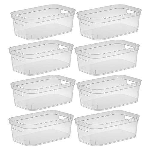 Sterilite 4.25 x 8 x 12.25 Inch Small Modern Storage Bin with Comfortable Carry Through Handles for Household Organization, Clear (8 Pack)