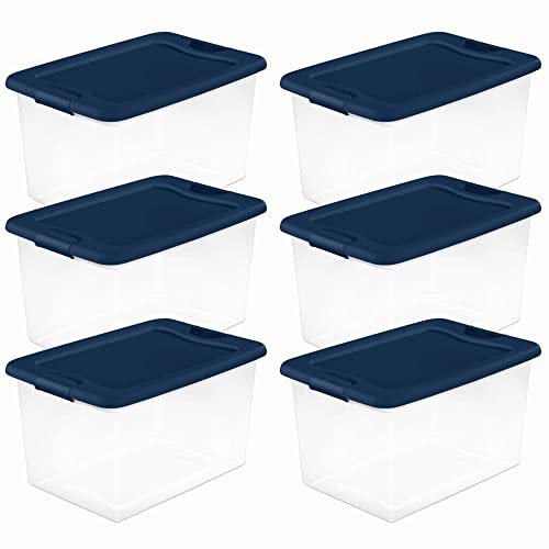 Sterilite 64 Quart Latching Hinged See-Through Plastic Stacking Storage Container Tote with Recessed Lids for Home Organization, Marine Blue (6 Pack)…