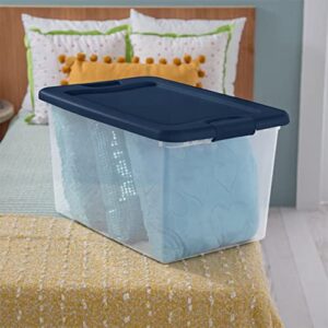 Sterilite 64 Quart Latching Hinged See-Through Plastic Stacking Storage Container Tote with Recessed Lids for Home Organization, Marine Blue (6 Pack)…