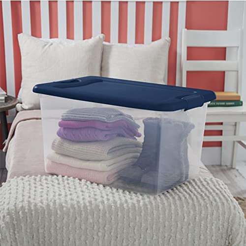 Sterilite 64 Quart Latching Hinged See-Through Plastic Stacking Storage Container Tote with Recessed Lids for Home Organization, Marine Blue (6 Pack)…