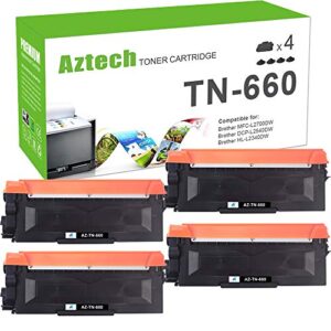 aztech compatible tn660 toner cartridge replacement for brother tn660 tn 660 630 tn-660 tn630 tn-630 hl-l2340dw hl-l2300d mfc-l2707dw dcp-l2540dw dcp-l2520dw hl-l2320d printer (black, 4-pack)