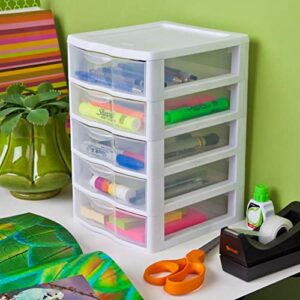 Sterilite Clearview Small Clear Plastic Stackable 5 Drawer Storage System for Desktop and Drawer Household Organization for Stationary or Pens, 8 Pack