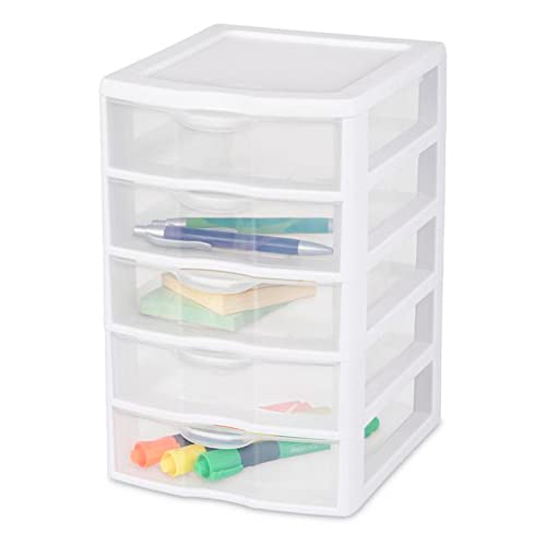 Sterilite Clearview Small Clear Plastic Stackable 5 Drawer Storage System for Desktop and Drawer Household Organization for Stationary or Pens, 8 Pack