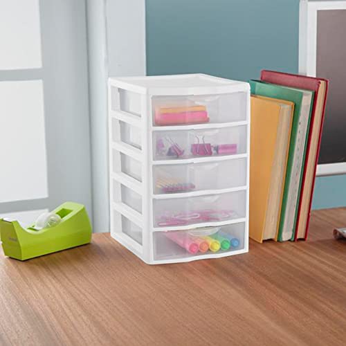 Sterilite Clearview Small Clear Plastic Stackable 5 Drawer Storage System for Desktop and Drawer Household Organization for Stationary or Pens, 8 Pack