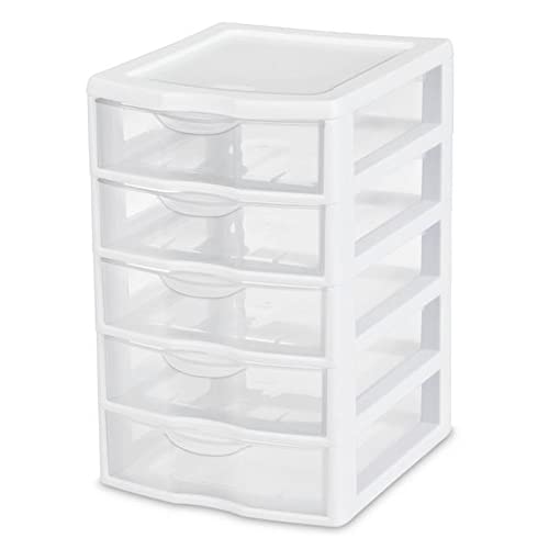 Sterilite Clearview Small Clear Plastic Stackable 5 Drawer Storage System for Desktop and Drawer Household Organization for Stationary or Pens, 8 Pack