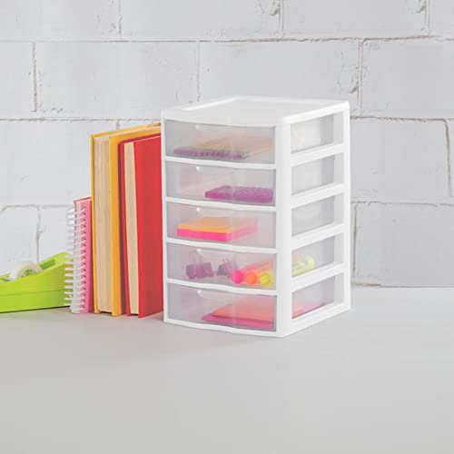 Sterilite Clearview Small Clear Plastic Stackable 5 Drawer Storage System for Desktop and Drawer Household Organization for Stationary or Pens, 8 Pack