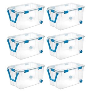 sterilite 120 quart clear plastic wheeled storage container box bin with air tight gasket seal latching lid long term organizing solution, (6 pack)