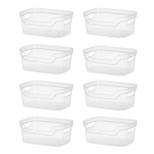 sterilite 5.25×9.5×13 in medium polished open scoop front storage bin w/comfortable carry through handles for household organization, clear (8 pack)