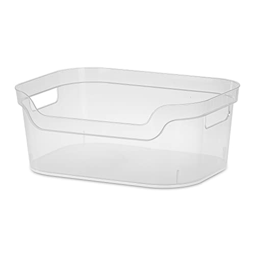 Sterilite 5.25x9.5x13 In Medium Polished Open Scoop Front Storage Bin w/Comfortable Carry Through Handles for Household Organization, Clear (8 Pack)