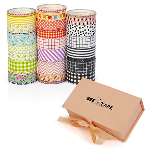 Washi Tape Set Gift Box, 30 Rolls 3 Sizes 15mm 10mm and 3mm Arts and Crafts, Decorative Masking Craft Cute Tape, Great Scrapbooking Tape Set, DIY Bullet Journal, Planner Washy Tape