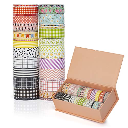 Washi Tape Set Gift Box, 30 Rolls 3 Sizes 15mm 10mm and 3mm Arts and Crafts, Decorative Masking Craft Cute Tape, Great Scrapbooking Tape Set, DIY Bullet Journal, Planner Washy Tape