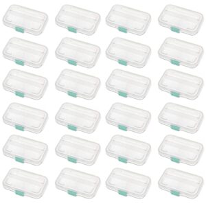 sterilite convenient small stackable divided translucent storage box container with colored latch lid for school and office supplies, clear (24 pack)