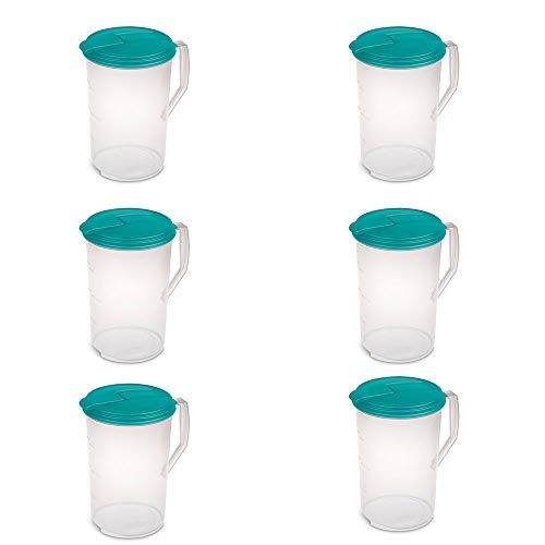 Sterilite 1-Gallon Round Plastic Pitcher and Spout, Clear w/Color Lid (6 Pack)