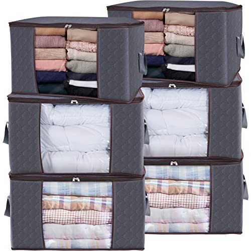 Lifewit 90L Large Storage Bags, 6 Pack Closet Organizers and Storage, Clothes Foldable Storage Bins with Reinforced Handles, Storage Containers for Clothing, Blanket, Comforters, Toys, Bedding, Grey