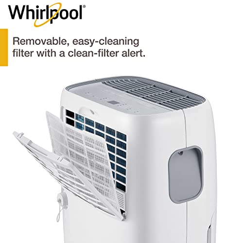 Whirlpool 40 Pint Portable Dehumidifier with Built-In Pump, 24-Hour Timer, Auto Shut-Off, Easy-Clean Filter, and Auto-Restart | For Bathrooms, Basements, and Bedrooms | WHAD40PCW