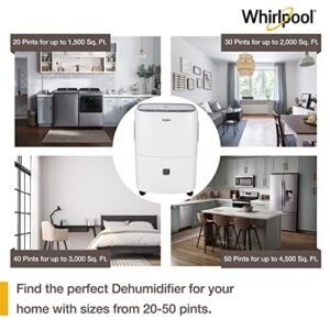 Whirlpool 40 Pint Portable Dehumidifier with Built-In Pump, 24-Hour Timer, Auto Shut-Off, Easy-Clean Filter, and Auto-Restart | For Bathrooms, Basements, and Bedrooms | WHAD40PCW