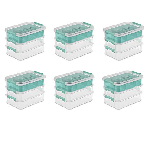 Sterilite 14138606 Stack & Carry Box with Trays Small Storage, Clear Pack of 6