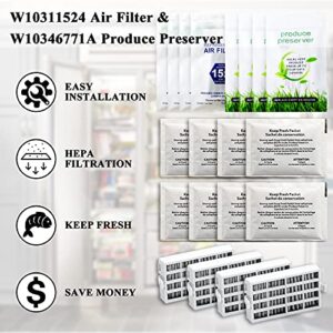 Funmit W10311524 Air Filter (4 Pack) & W10346771A Freshflow Produce Preserver (8 Pack) Replacement for Whirlpool Refrigerator