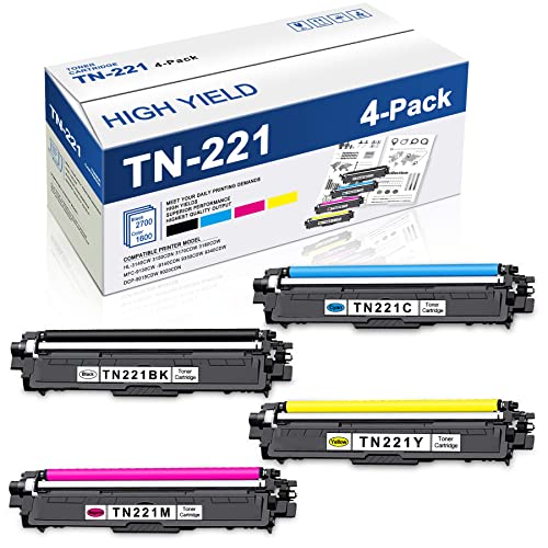 TN-221 TN 221 High Yield TN221 Toner Cartridge Set TN221BK, TN221C, TN221M, TN221Y Toner Cartridge VASERK Compatible Replacement for Brother TN221 Ink MFC-9130CW HL-3170CDW HL-3140CW Printer