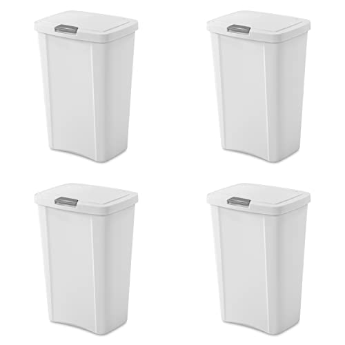 Sterilite 10458004 13 Gallon TouchTop Wastebasket, White w/ Titanium Latch, 4-Pack